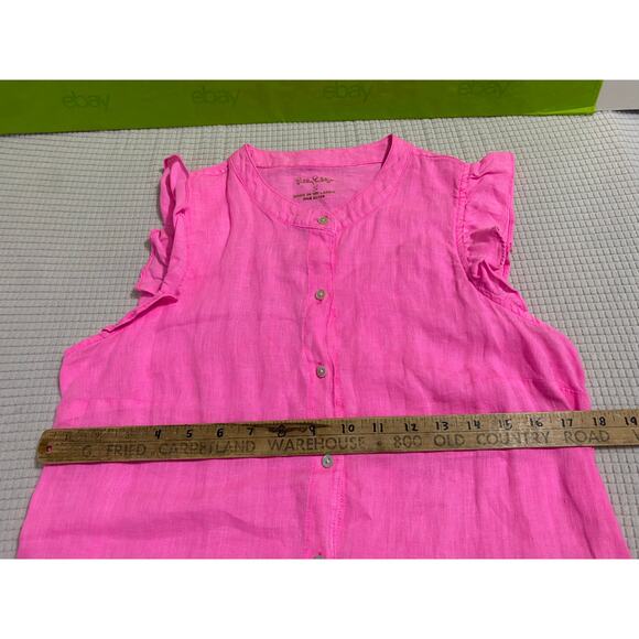 Lilly Pulitzer Sleeveless Pink Blouse Small Ruffled 100% Linen Button-Down - Picture 3 of 8